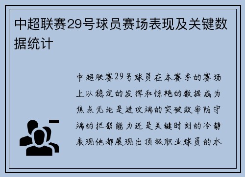 中超联赛29号球员赛场表现及关键数据统计